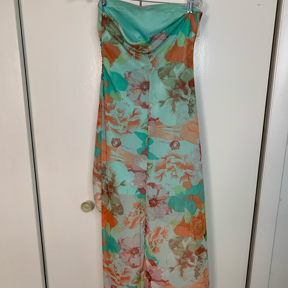 High low strapless floral mini dress
